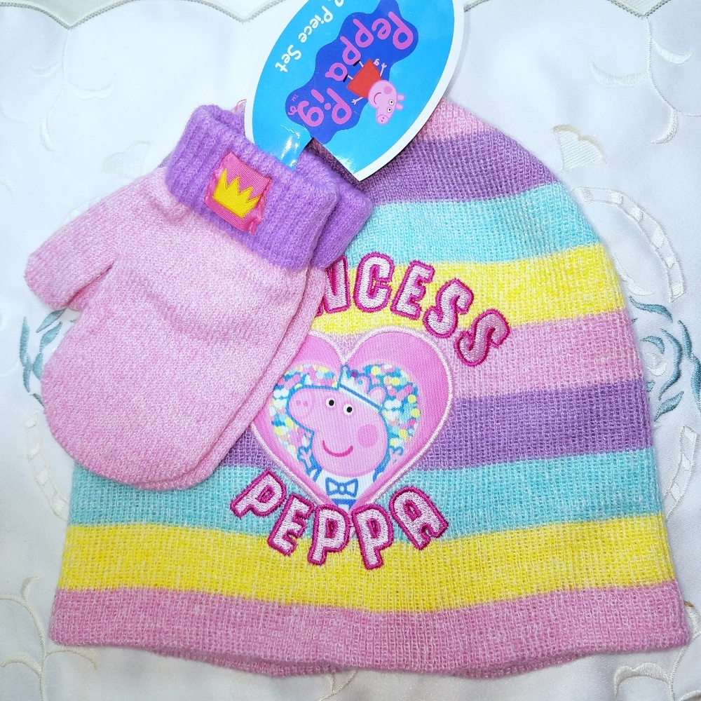 Kids Princess Peppa Pig Hat & Mittens Set NWT
